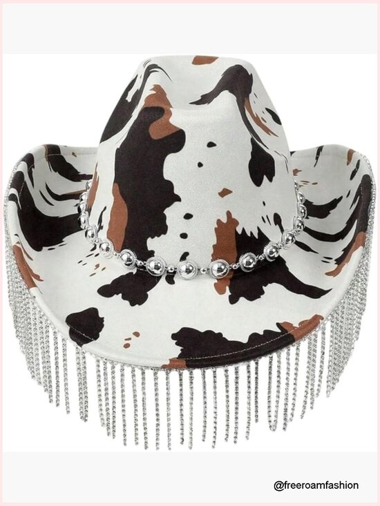 Cow Print Wide Brim Fringe Beaded Western Cowgirl Hat Y2K Festival main image 4